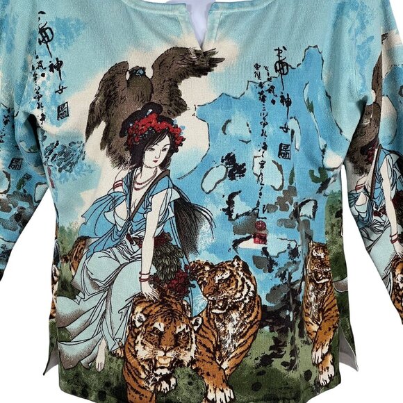 Mark Richards Collection Womens L Silk Blend Asian Tiger Allover Print Top Artsy - Picture 5 of 13